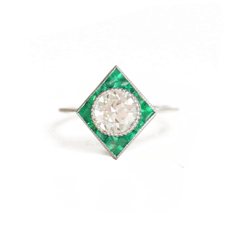 Best Seller Art Deco Calibre Cut Emerald & Old European Cut Diamond Ring